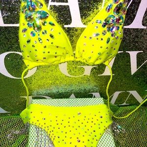 Neon Green Rhinestone Tassel Bikini